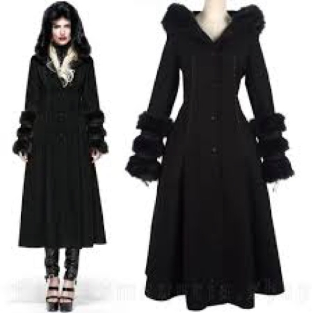 Frozen Night Gothic Elegant Black Hooded Coat with Fur Trim